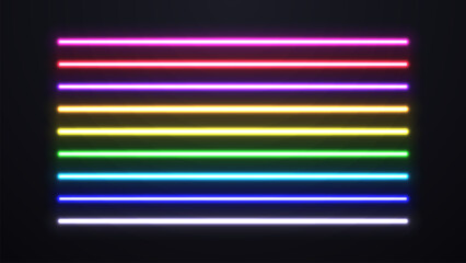 Bright multicolored lasers on a dark background. A set of neon lamps.