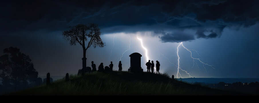 People surrounding a grave on a hill during a storm, dark silhouettes with lightning, mystical and frightening emotions. A powerful and poetic image. Generative AI