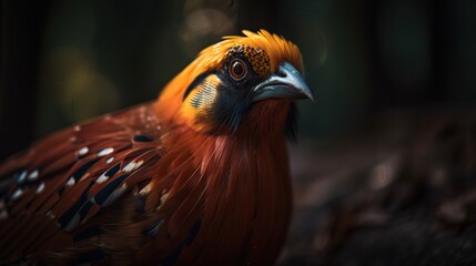 Golden pheasant close up with forest background. Generative AI