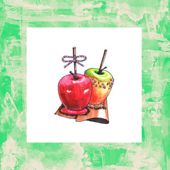 Watercolor Fruit caramel apple on white background. Healthy vegan food. Delicious Organic food. Isolated object. Caramelized apples healthy eating.
