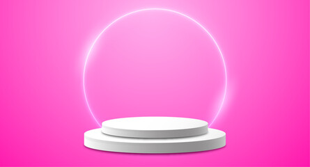 Realistic 3d cylinder pedestal podium. Abstract vector rendering geometric forms, glowing neon cirle, purple background. Pastel minimal scene. Stage for showcase, Product display