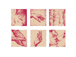 A collection of abstract art posters. Man and woman, hands, torso, kiss. Design for social networks, prints, romance.