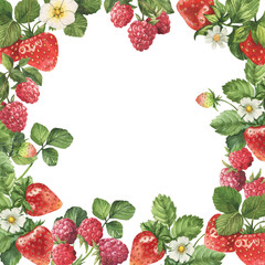 Watercolor strawberry and raspberry illustration frame on white
