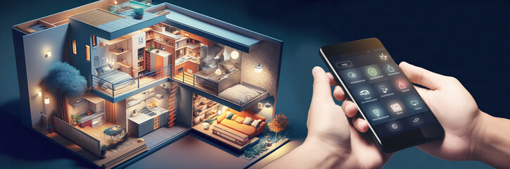 hand with mobile phone for automatic home control, home automation, generative ai
