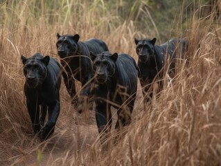Group of Black panther in natural habitat (generative AI)