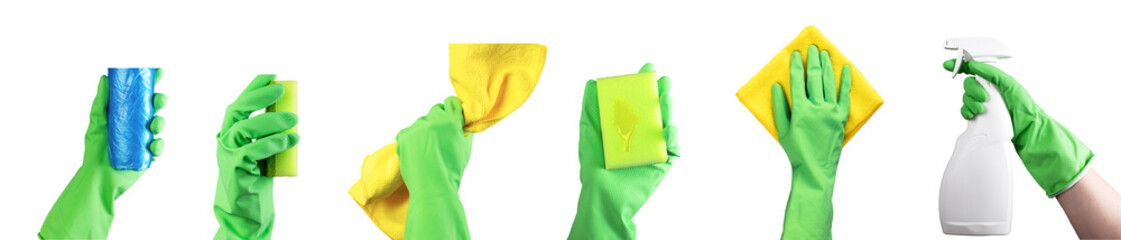 Hands in green gloves holding cleaning supplies, tools, items, washing sponge, cloth, wiper, trash...