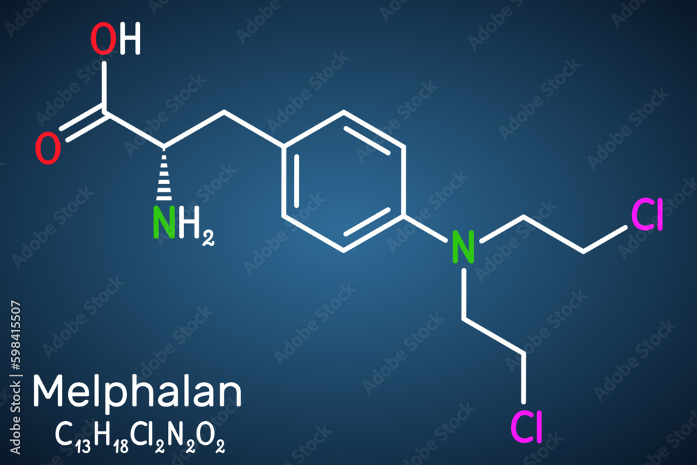 Canvas Prints Melphalan molecule. It is chemotherapy medication, alkylating antineoplastic agent. Structural chemical formula on the dark blue background.