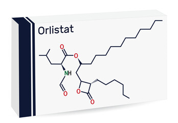 Orlistat molecule. It is lipase inhibitor used in the treatment of obesity. Skeletal chemical formula. Paper packaging for drugs.