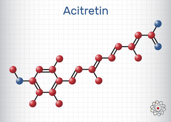 Acitretin molecule. It is retinoid used in the treatment of psoriasis. Structural chemical formula and molecule model. Sheet of paper in a cage.