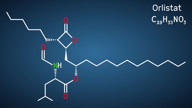 Orlistat molecule. It is lipase inhibitor used in the treatment of obesity. Structural chemical formula on the dark blue background.