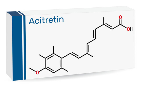 Acitretin molecule. It is retinoid used in the treatment of psoriasis. Skeletal chemical formula. Paper packaging for drugs