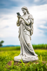 Obraz premium Stone statue of a woman in a toga, representing a goddess with a cell phone, reflecting the mobile addiction in a frozen caricature. Generative AI