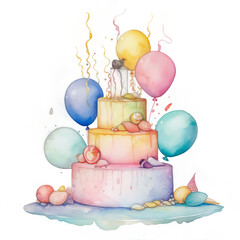 Watercolor Birthday Cake. Illustration AI Generative.