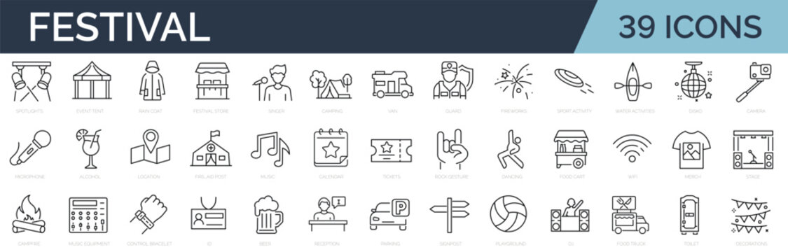 Set of 39 line icons related to festival, holidays, event. Outline icon collection. Editable stroke. Vector illustraton.