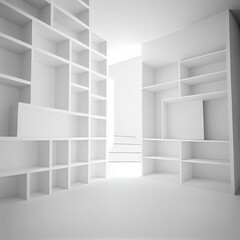 Soft focus shelves and Key cabinet locks. White wooden shelves bookcase. Abstract blurred empty college library interior space. Generative AI, illustration