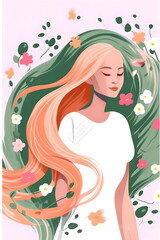 Obraz na płótnie Canvas vertical Portrait of a cute girl with flowers in the spring in a minimalist style. Self-care, self-love, harmony. Isolated illustration. Generative AI