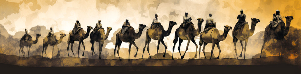 Romantic panorama of a camel caravan crossing a desert landscape. The image expresses adventure and long journeys with a striking atmosphere. Generative AI