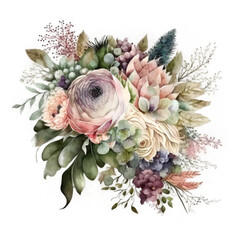 Watercolor wedding bouquet. Illustration AI Generative.