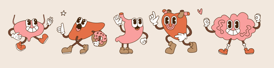 Happy human healthy strong organs set. Vector retro cartoon character illustration. Stomach, liver, bladder, heart, braim toons mascots in trendy 90s style. - obrazy, fototapety, plakaty