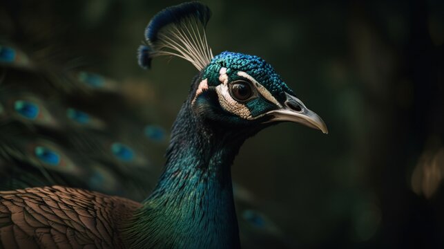 Close up photo of Peacock bird on forest background. Generative AI