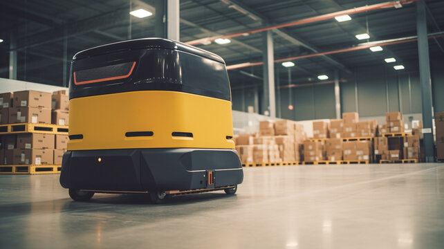 A delivery robot is driving in the warehouse. Autonomous logistic concept created with generative ai tools Generative AI