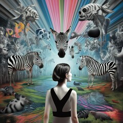 Illustration in style of digital collages with zebra. Animals contemporary art collage. Concept of digitalization, NFT, cyberspace shock art background illustration