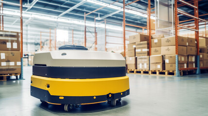 A delivery robot is driving in the warehouse. Autonomous logistic concept created with generative ai tools Generative AI