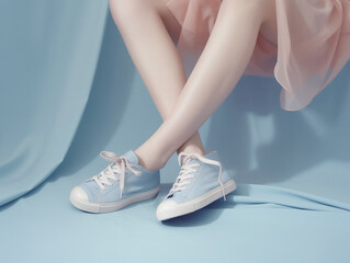 Female legs in sneakers. AI generated image.