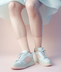 Female legs in sneakers. AI generated image.