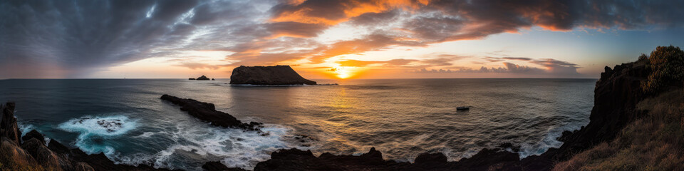 Beautiful volcanic landscape with black sand beaches and turquoise waters, captured at a sunset. An artistic photo for landscape lovers. Generative AI