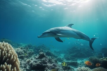 Obraz na płótnie Canvas illustration, dolphins swimming under the sea,generative ai