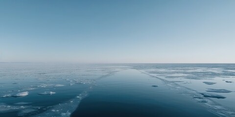 Naklejka na ściany i meble Winter sea landscape with floating ice fragments on still cold water. Generative AI
