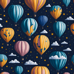 Seamless pattern of a colorful hot air balloon painted in watercolor, with  clouds, stars, created with generative AI
