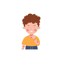 Child with skin signs of dermatitis or allergy, flat vector illustration isolated.