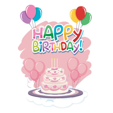Hand drawn happy birthday lettering with balloons, confetti, cake and candles on white background.