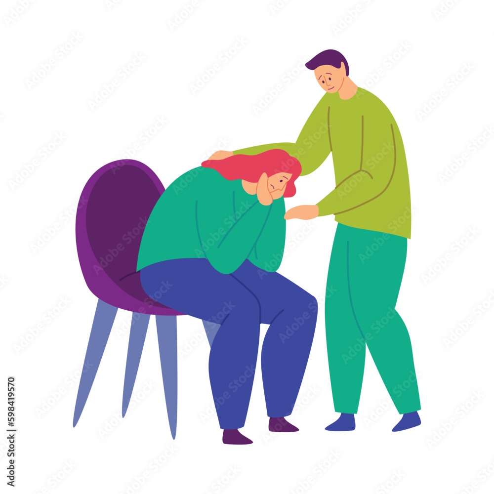 Poster Cartoon Color Characters People Comforting Each Other Concept Flat Design Style. Vector illustration of Guy Supports Girl