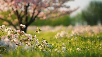 Green spring meadow on colorful background. White color background. Spring flowers. Green nature. Natural background. Spring, summer landscape.