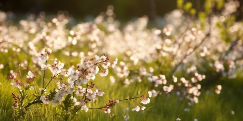 Green spring meadow on colorful background. White color background. Spring flowers. Green nature. Natural background. Spring, summer landscape.
