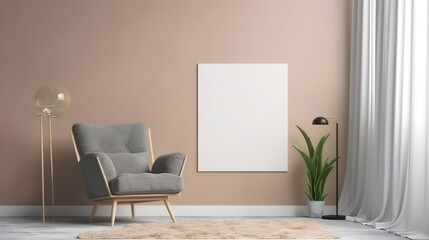 Canvas mockup in minimalist interior background with armchair and rustic decor. Generative Ai