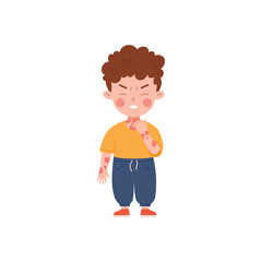 Stressed child boy having itchy spots of atopic dermatitis flat style
