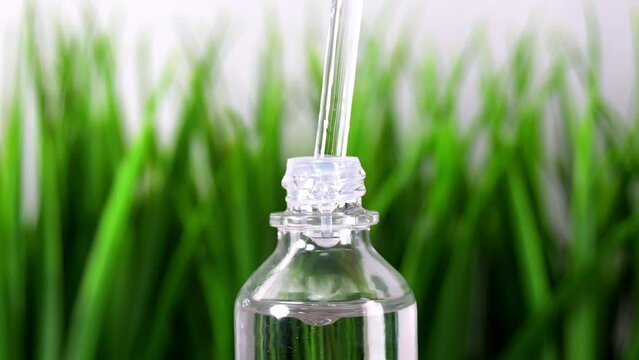 Bottle with pipette wit oil, serum squalane.dripping golden oil into a bottle from a glass pipette.Facial gel, serum,essential oil.Cosmetic mock up. Green gras cosmetic background. Close Generative AI