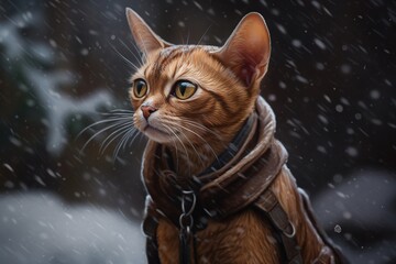 Generative AI, abyssinian cat adventurer in winter forets. Oil Painting of cute pet, animal wear clothes.