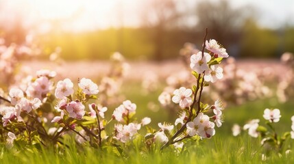 Obraz premium Green spring meadow on colorful background. White color background. Spring flowers. Green nature. Natural background. Spring, summer landscape.