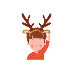 Smiling child boy with deer horns headband waving flat style