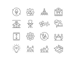 Commercial Property USPs Icon set containing 16 editable stroke icons. Perfect for logos, stats and infographics. Edit the thickness of the line in Adobe Illustrator (or any vector capable app).