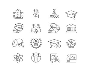 Higher Education Icon collection containing 16 editable stroke icons. Perfect for logos, stats and infographics. Edit the thickness of the line in Adobe Illustrator (or any vector capable app).