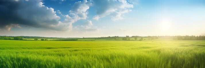 Obraz na płótnie Canvas Green beautiful panoramic natural landscape of a green_field in beautiful style on white background. Summer vacation. Spring season. Natural background. Travel background. Natural beauty.