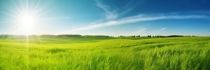 Fototapeta na wymiar Green beautiful panoramic natural landscape of a green_field in beautiful style on white background. Summer vacation. Spring season. Natural background. Travel background. Natural beauty.