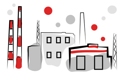 Factory with pipes isolated on white background. Vector illustration in doodle style