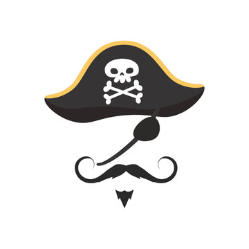 Pirate carnival mask with hat and moustaches, flat vector illustration isolated.